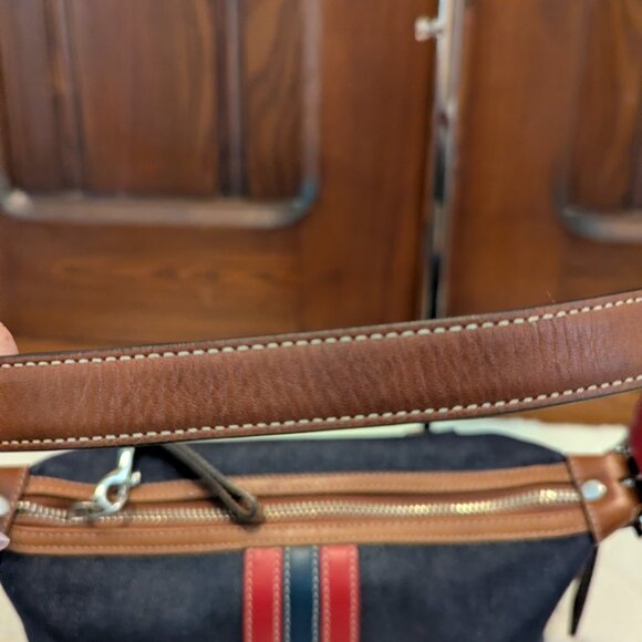 VINTAGE Coach Denim Shoulder Bag with Red Stripes And Brown Accents - Picture 9 of 11